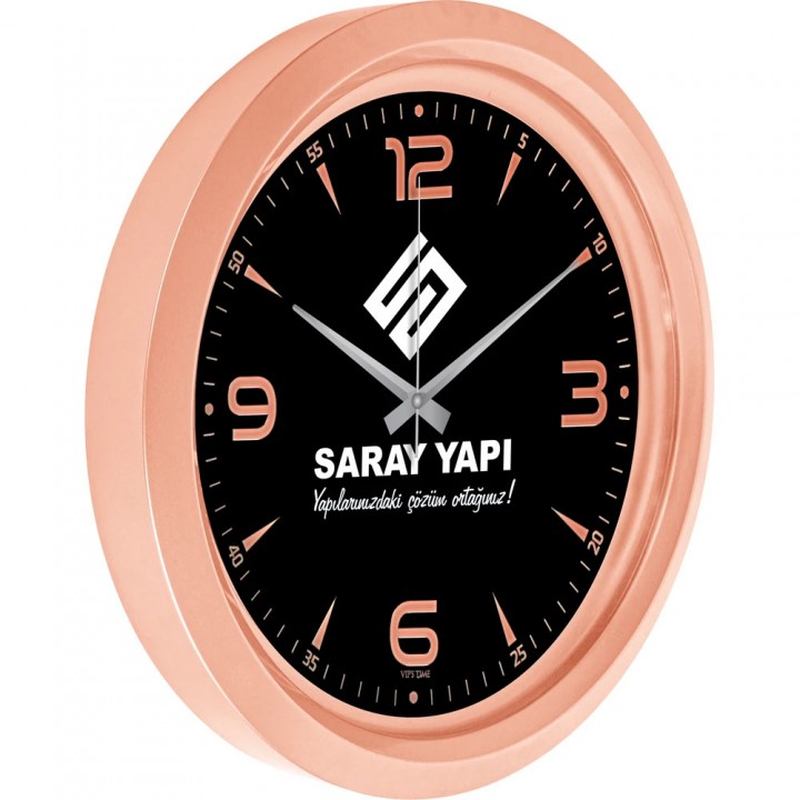 Logo Baskılı Promosyon Duvar Saati 40 cm Metalize Bronz Siyah Varak Kadranlı